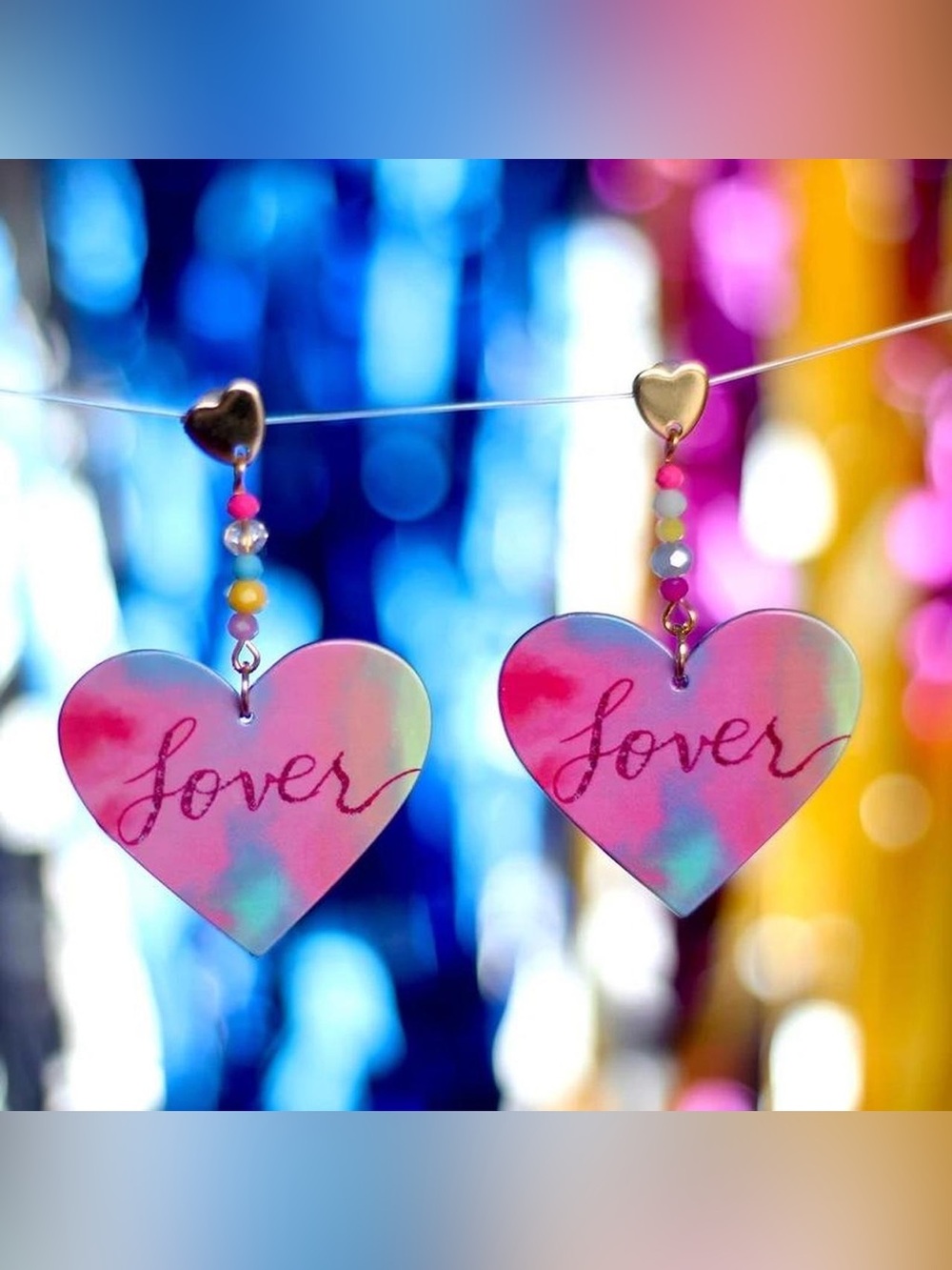 Taylor Swift Lover Album Heart Dangle Earrings - Pink Multicolor Beaded Design